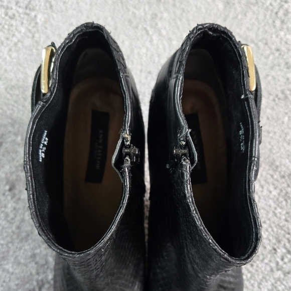 Ann Taylor Black Leather Faux Snakeskin Buckle Accent Booties Stiletto Heel - Picture 3 of 10